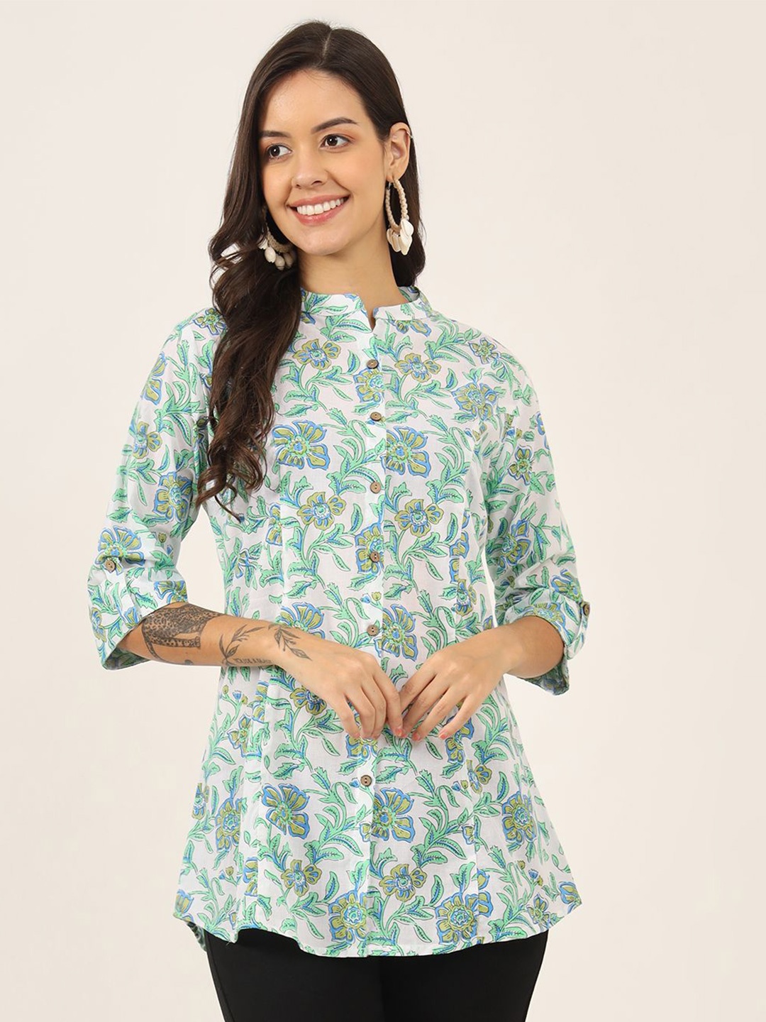 

BAESD Women Floral Printed Mandarin Collar Roll-Up Sleeves Cotton Longline Top, Green