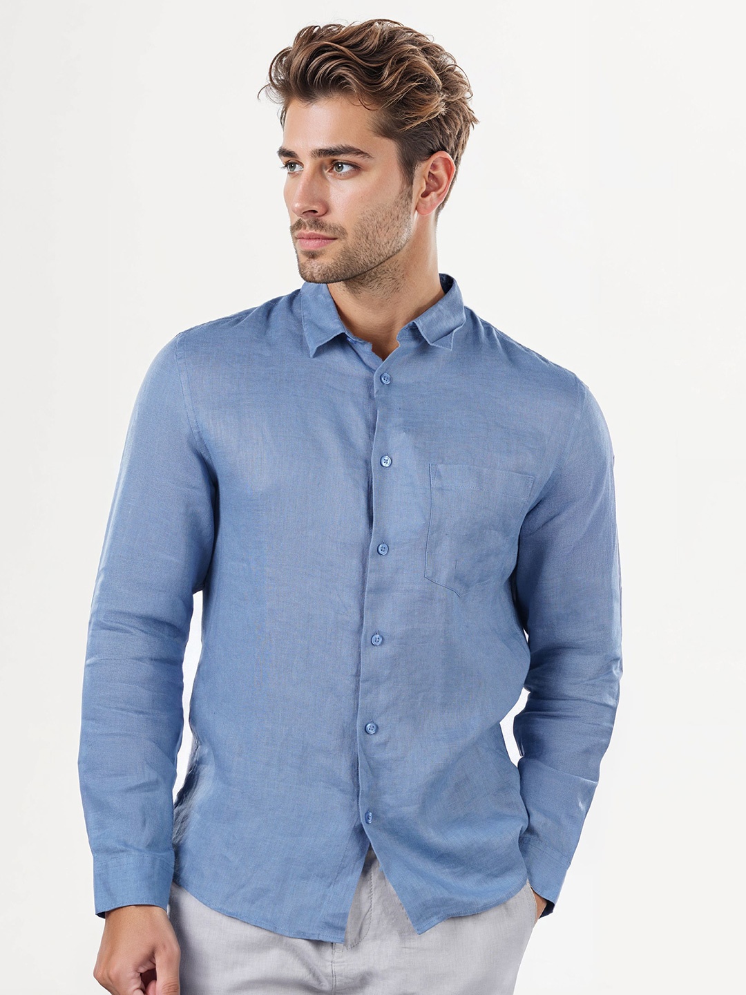 

Celio Men Classic Fit Spread Collar Solid Linen Casual Shirt, Blue