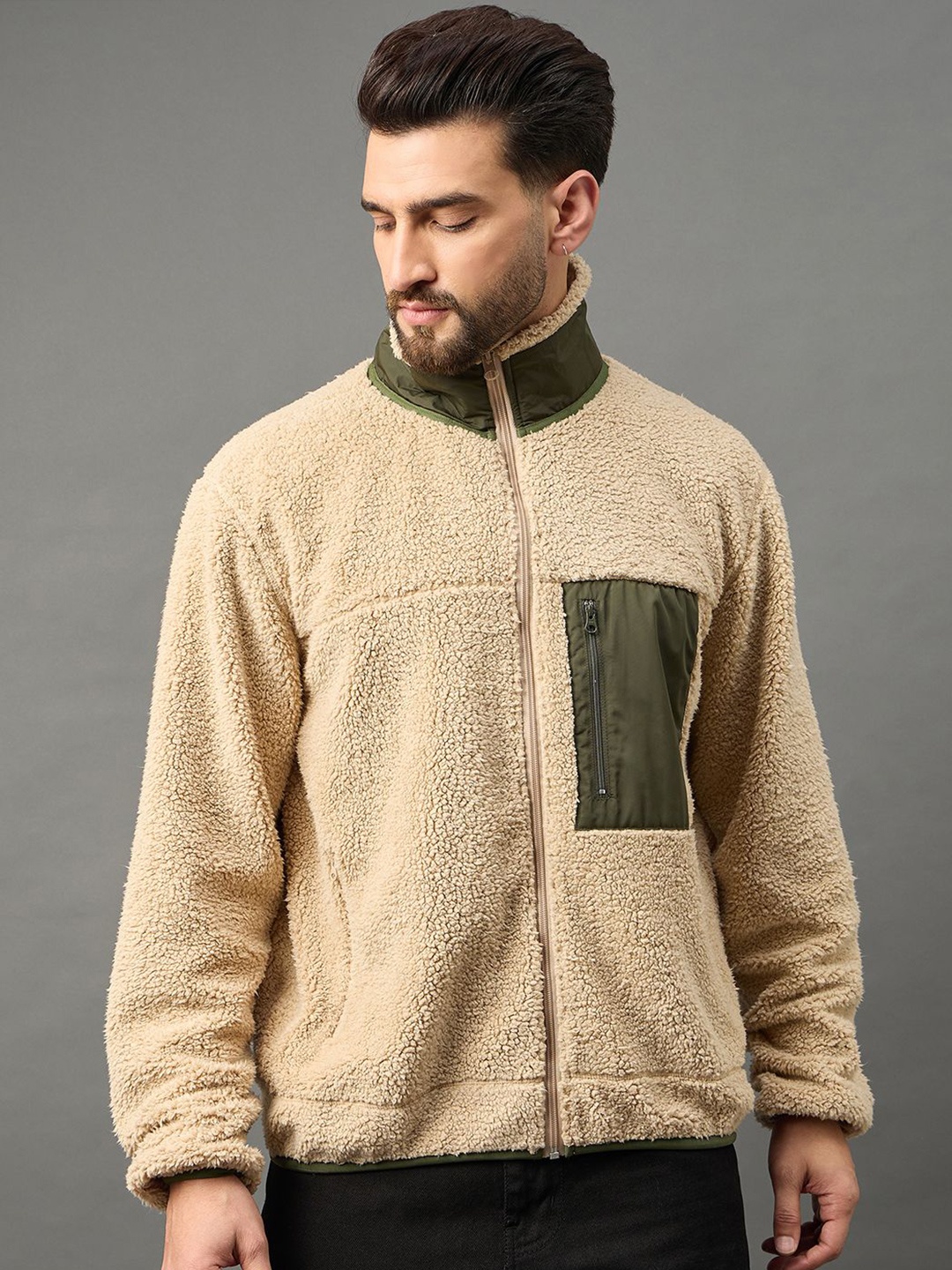 

Club York Men Mock Collar Colourblocked Sweatshirt, Beige