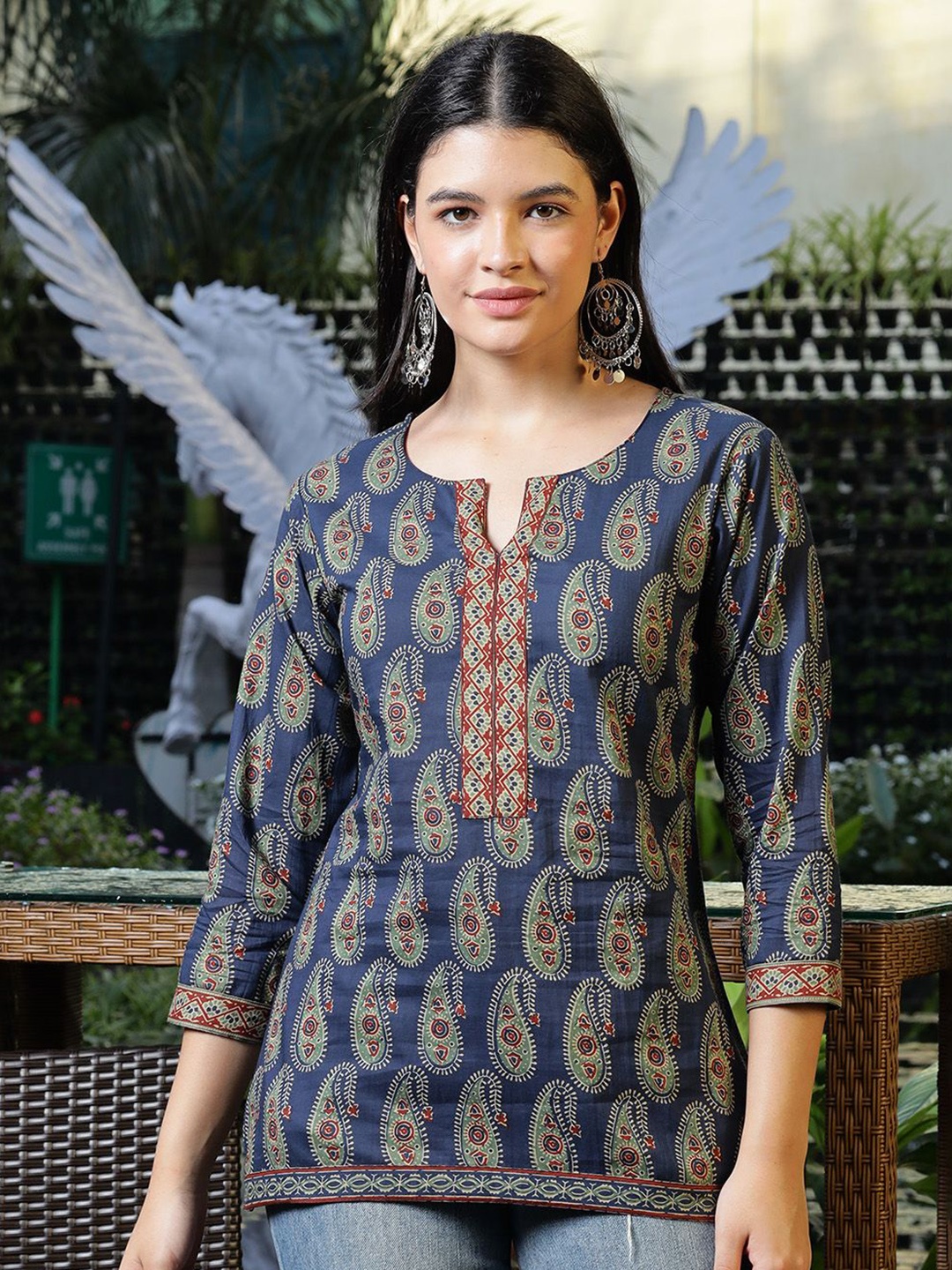 

Yufta Women Print Pure Cotton Top, Blue