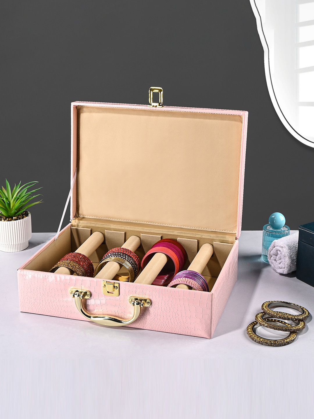 

Kuber Industries Pink & Maroon 2 Pieces Printed Faux Leather 4 Rod Bangle Box Organisers