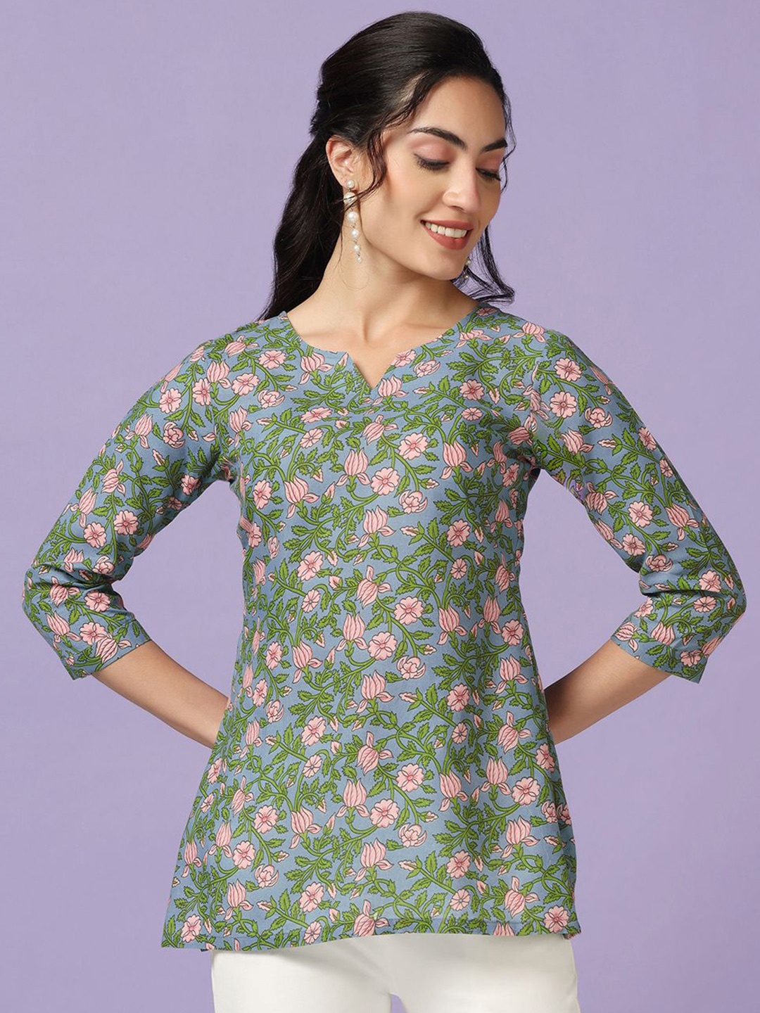 

Moda Rapido Women Floral Printed V-Neck Top, Blue