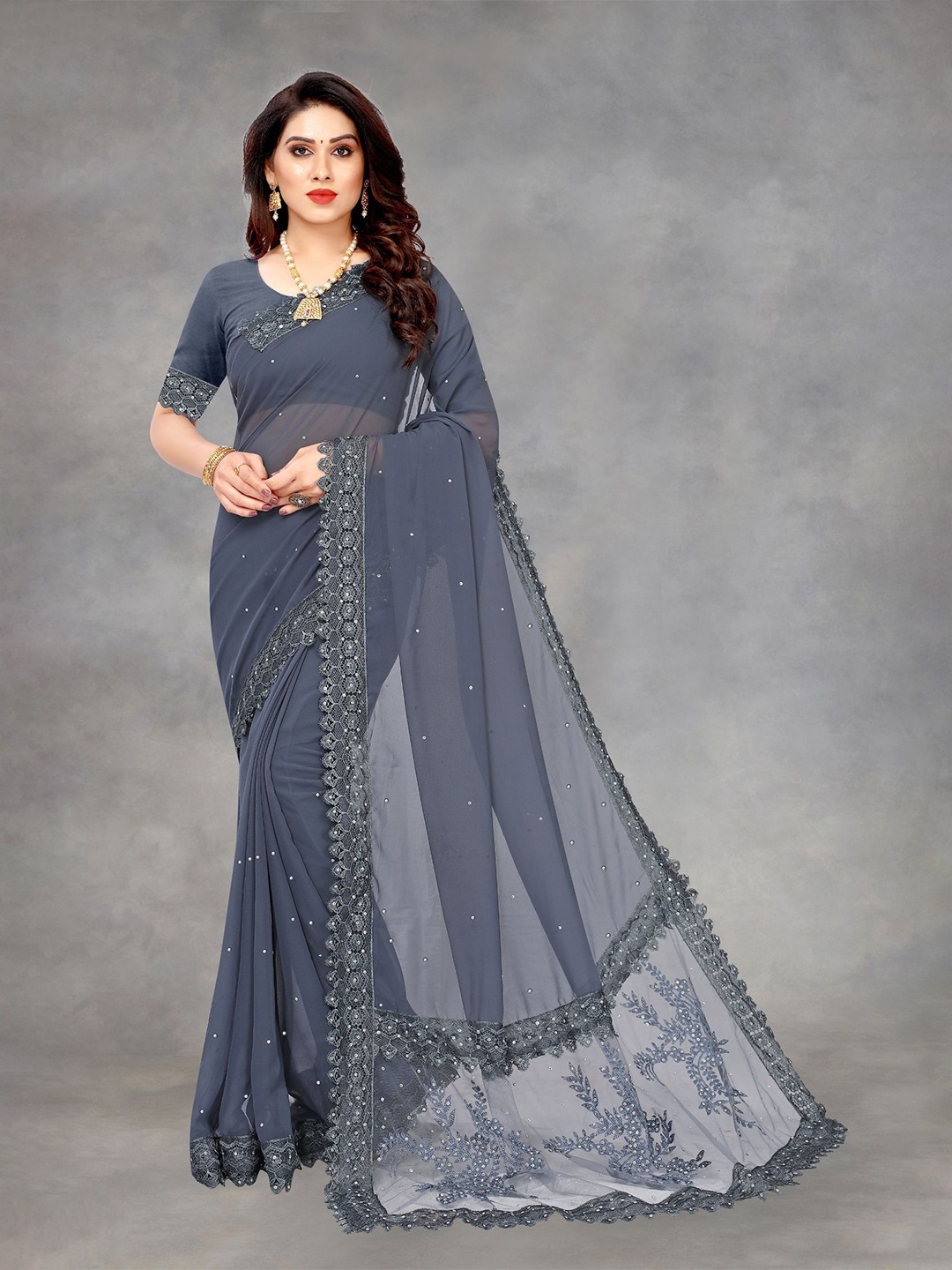 

A TO Z CART Embellished Lace Pure Georgette Saree, Grey