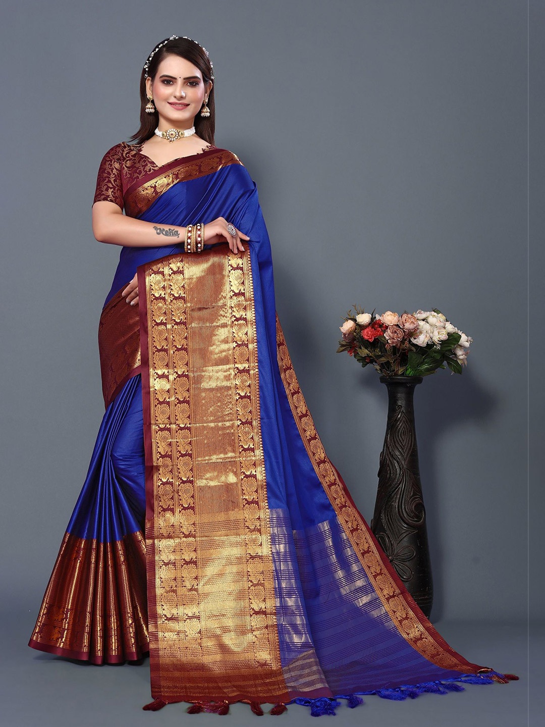 

A TO Z CART Zari Kanjeevaram Saree, Blue