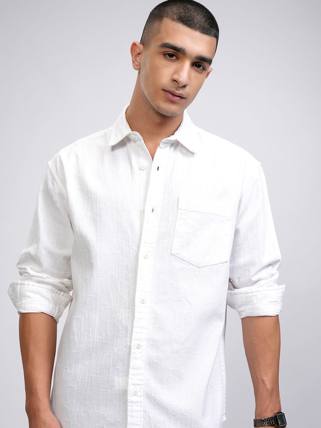 

HIGHLANDER Men Spread Collar Textured Cotton Casual Shirt, White