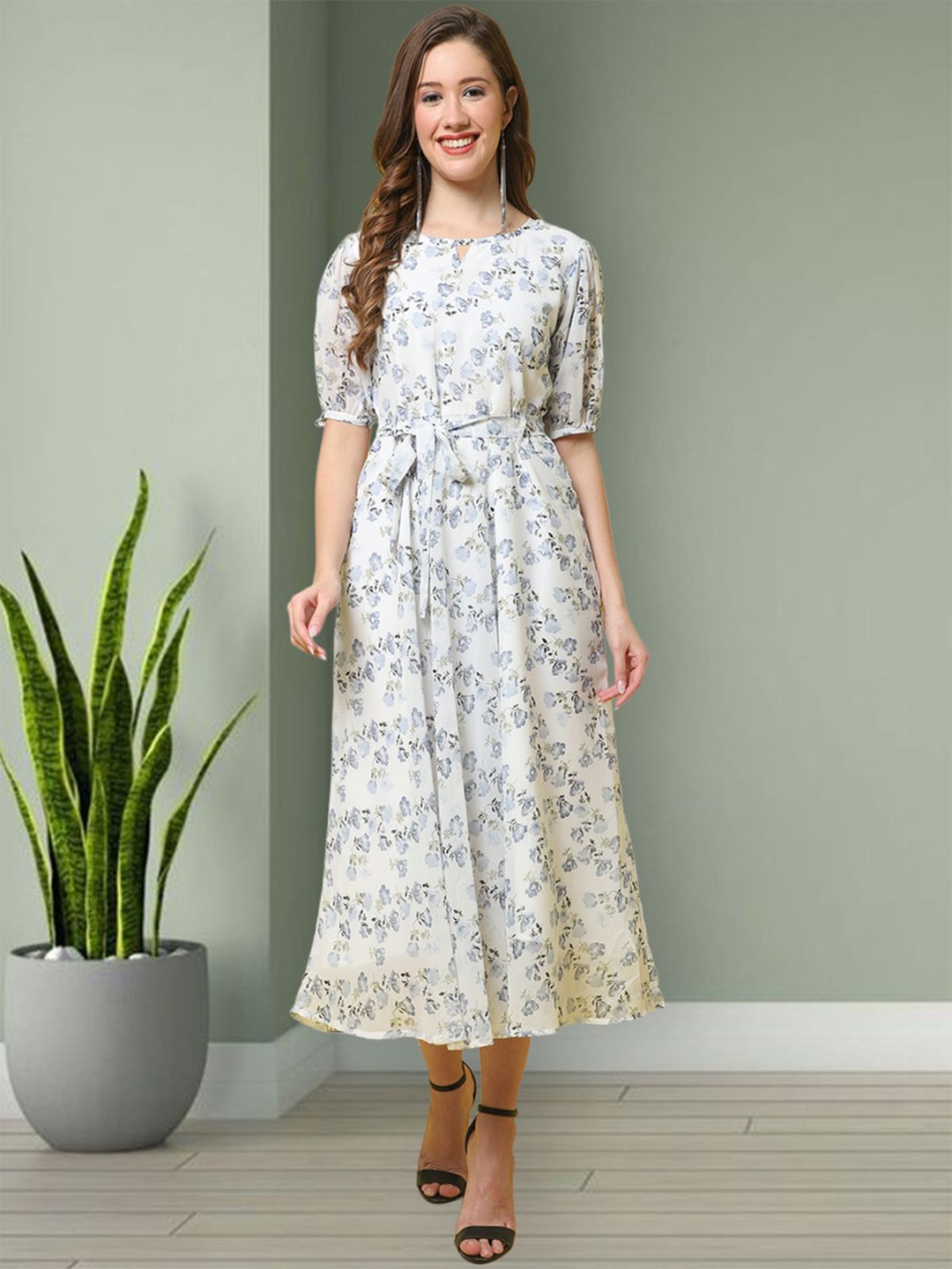 

Mast & Harbour Women Floral Printed Puff Sleeve Georgette Fit & Flare Midi Dress, Off white