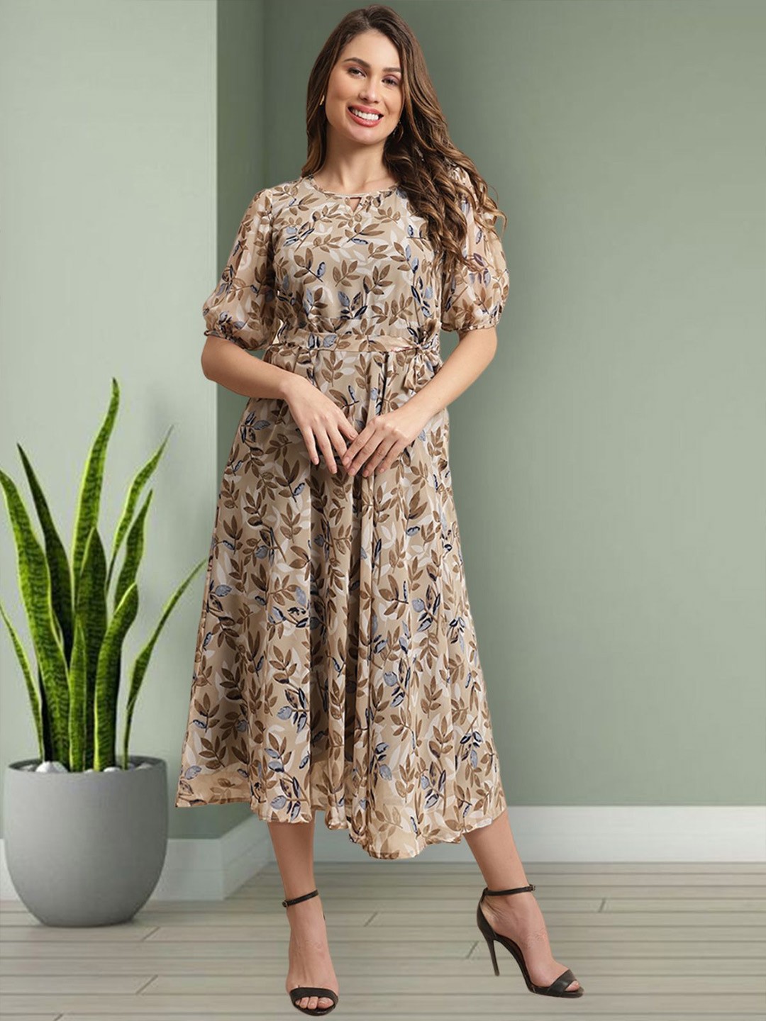 

Mast & Harbour Floral Print Puff Sleeve A-Line Midi Dress, Brown