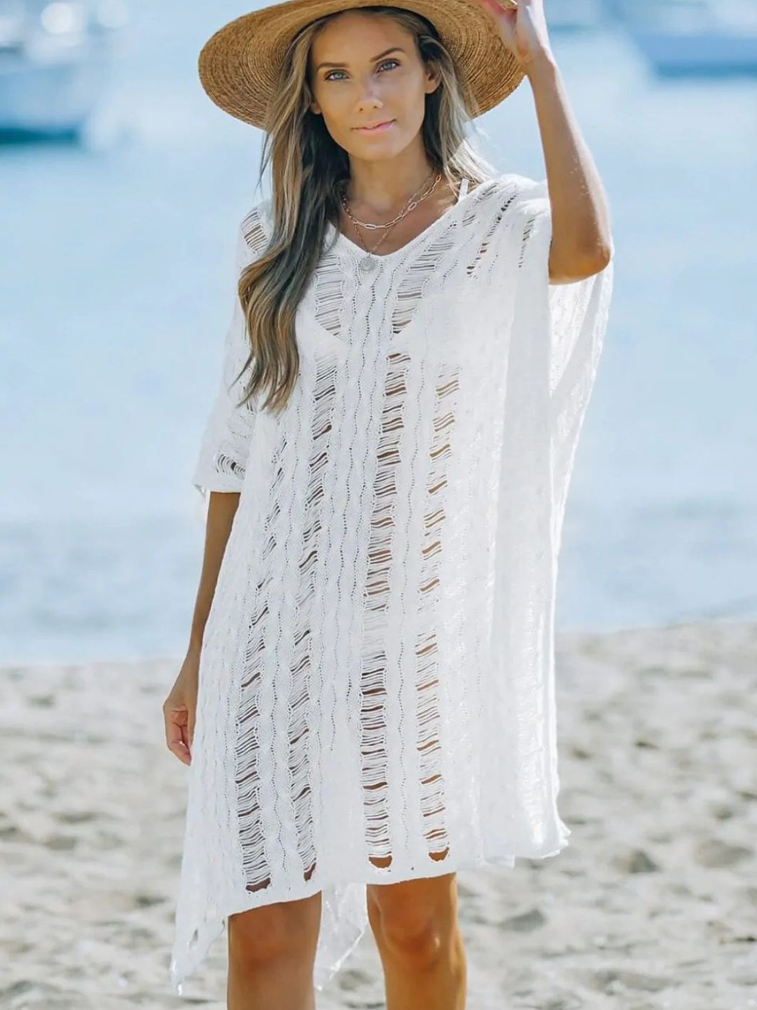 

ANGEL CROSHET Women Knitted Hollow Out Swimwear Cover Up Top, White