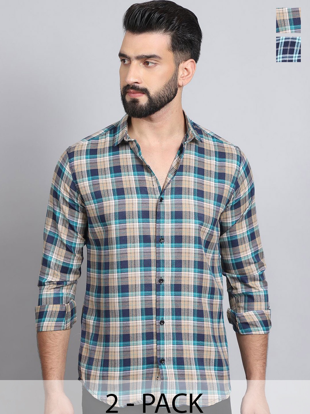 

Tanip Men Pack Of 2 Spread Collar Tartan Checked Cotton Casual Shirts, Navy blue