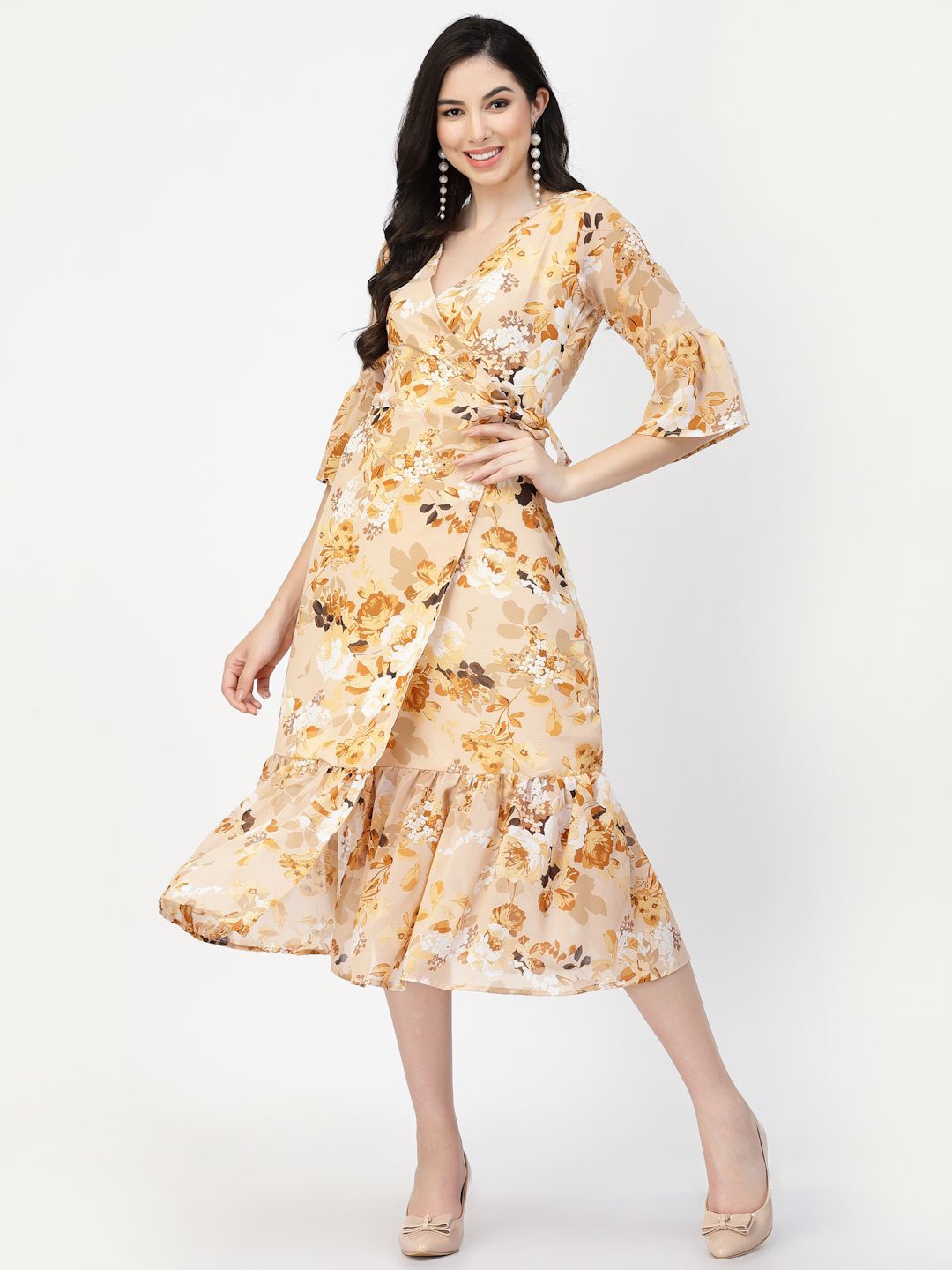 

DELIS Women Floral Print Midi Dress, Beige