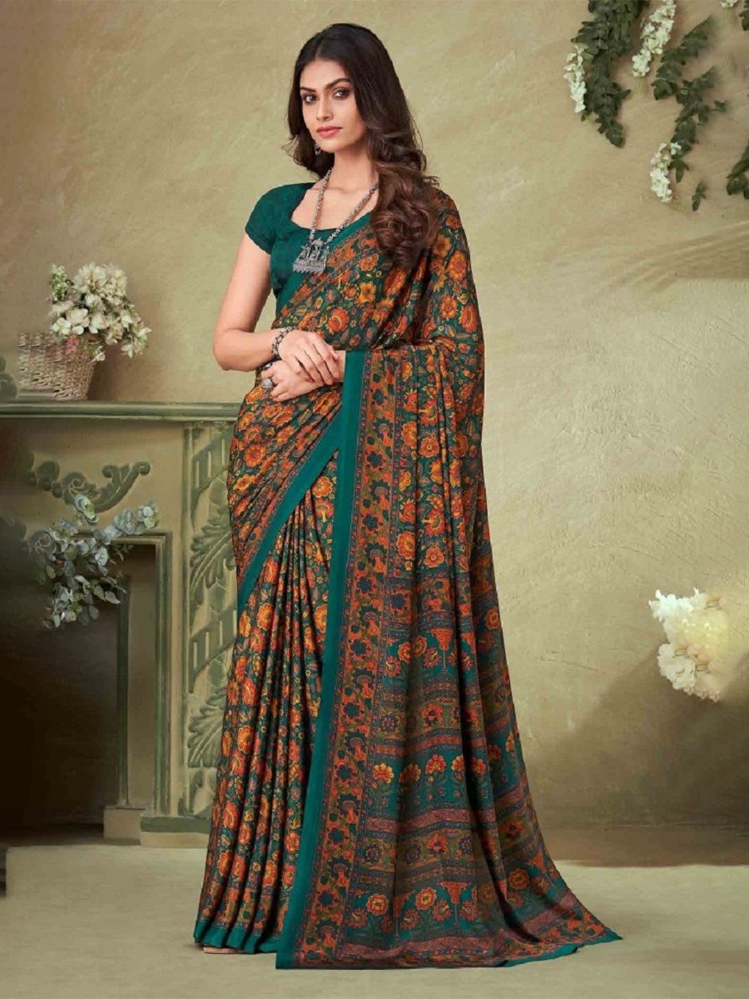 

DURGA EMPORIO Floral Printed Saree With Unstitched Blouse Piece, Green