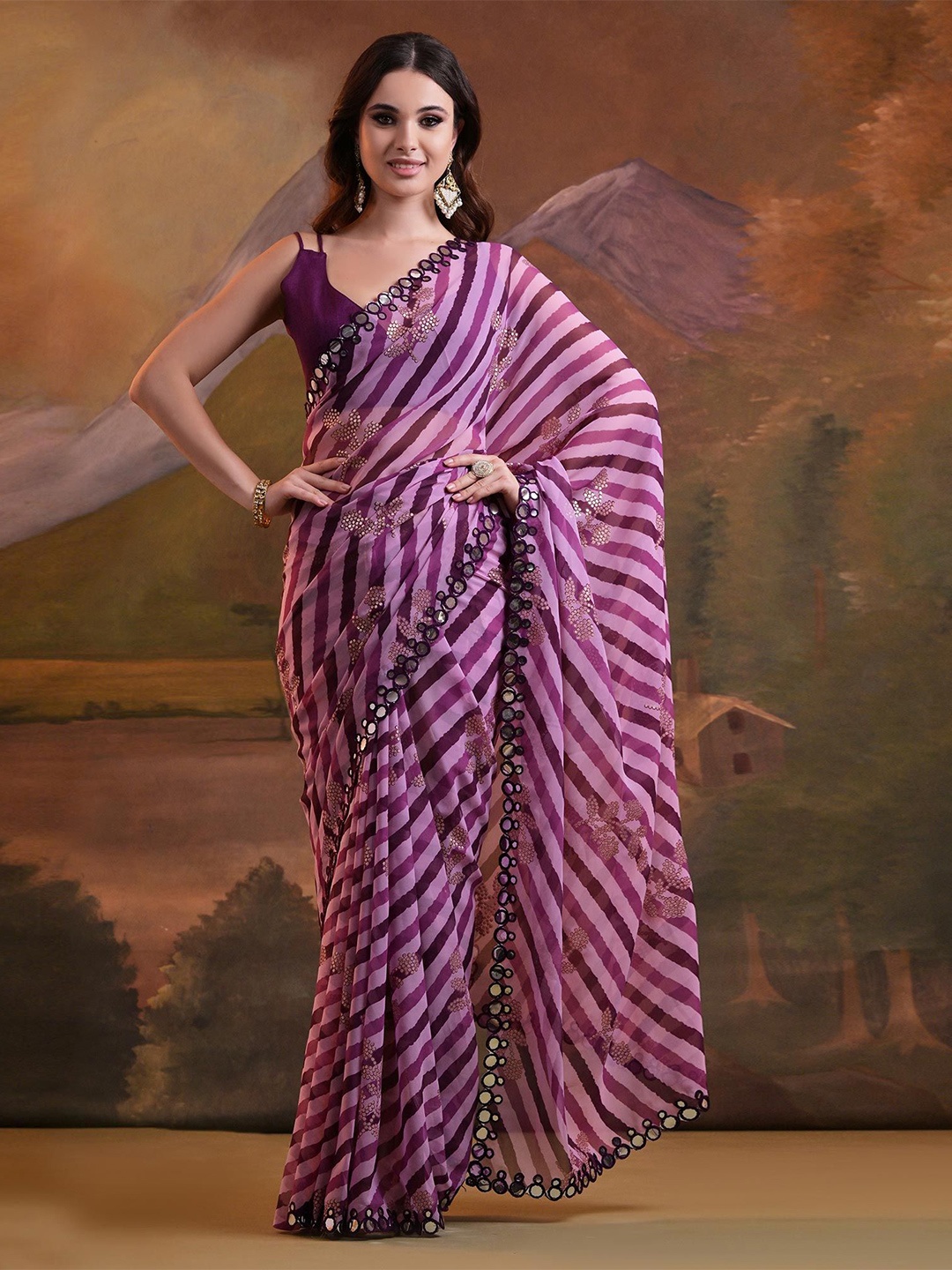 

Peachmode Printed Embroidered Mirror Work Pure Georgette Leheriya Saree, Purple