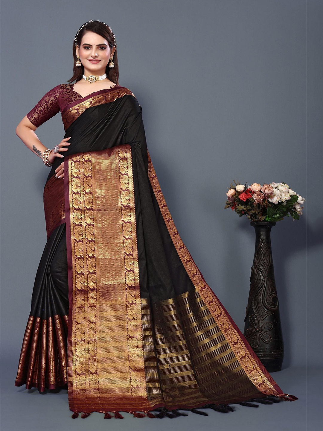 

A TO Z CART Woven Design Zari Jacquard Kanjeevaram Saree, Black