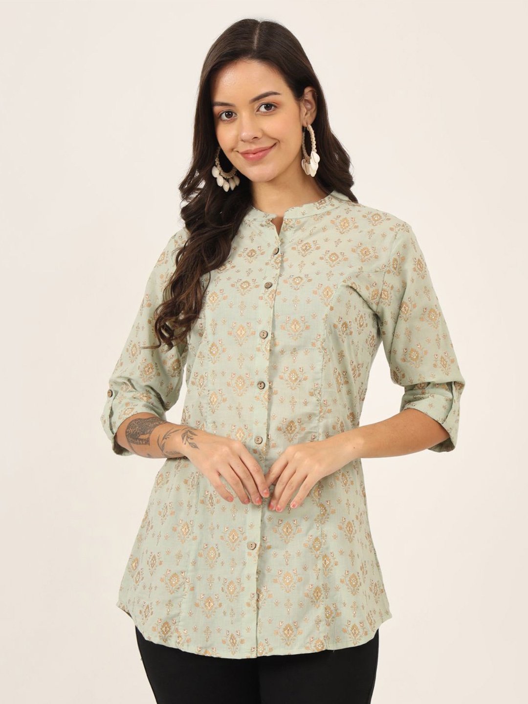 

BAESD Floral Printed Mandarin Collar Roll-Up Sleeves Ethnic Cotton A-Line Top, Green