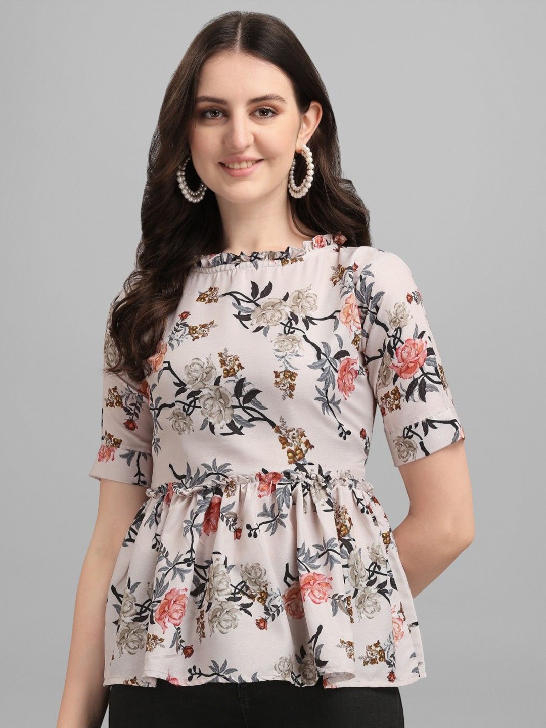 

RIEKA Women Floral Printed Peplum Top, White