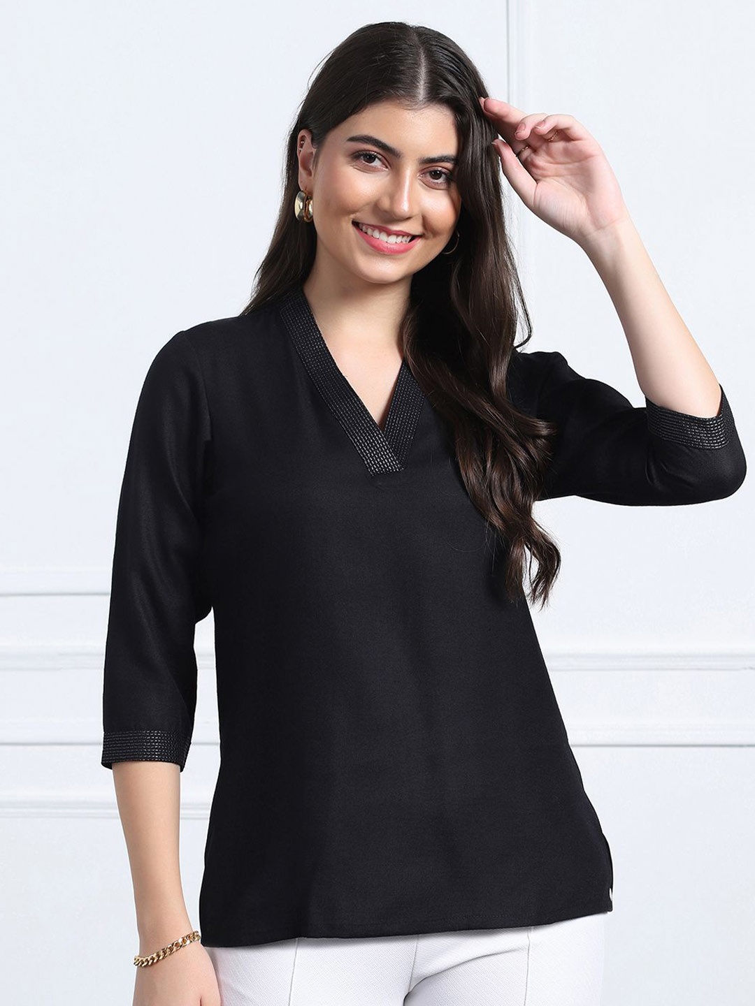 

Moda Rapido Women Cotton V-Neck Top, Black