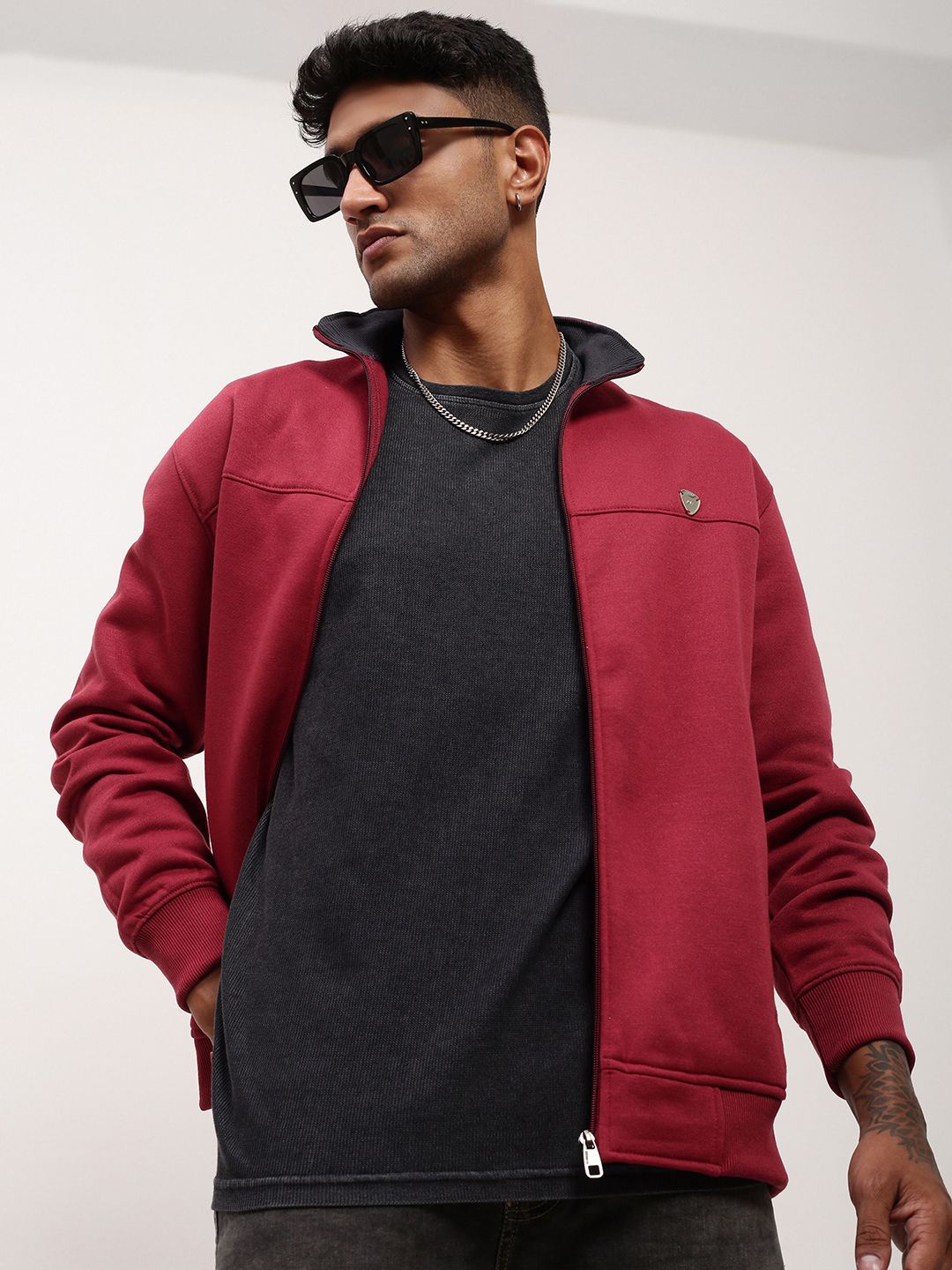 

SHOWOFF Men Mock Collar Sweatshirt, Red