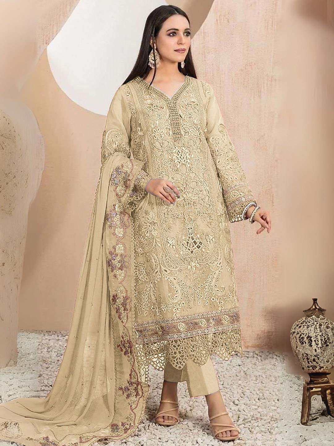 

ODETTE Floral Embroidered Beads and Stones Kurta with Trousers & Dupatta, Beige
