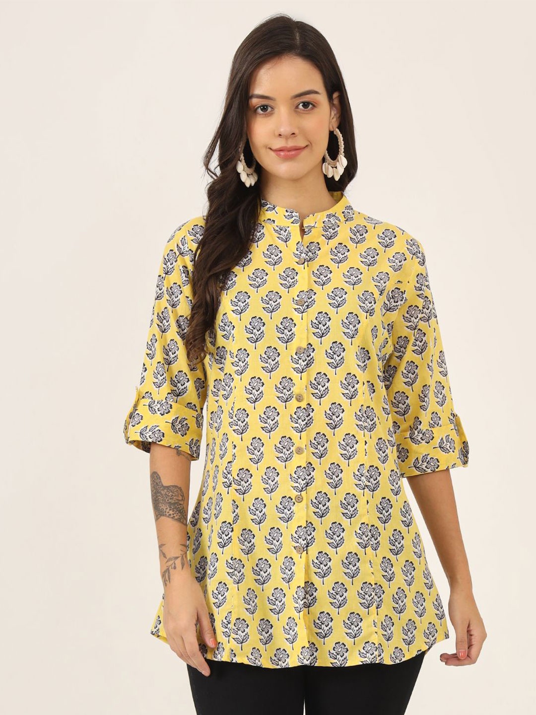 

BAESD Women Ethnic Motifs Printed Mandarin Collar Roll-Up Sleeves Cotton Shirt Style Top, Yellow