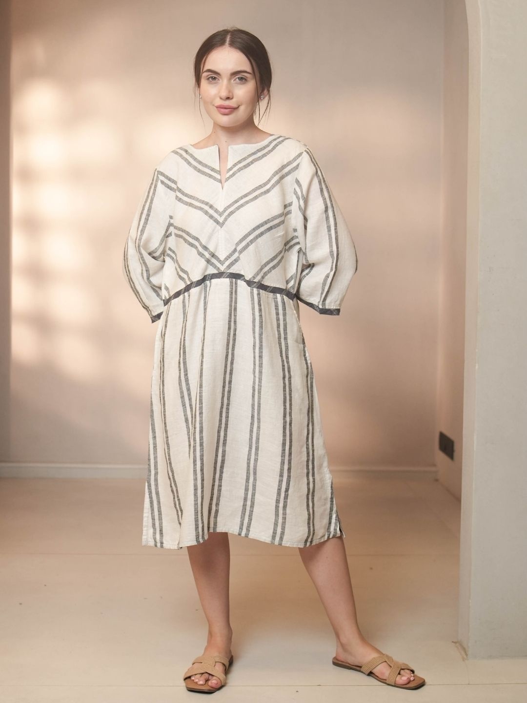 

Fabulous Women Striped A-Line Midi Dress, White