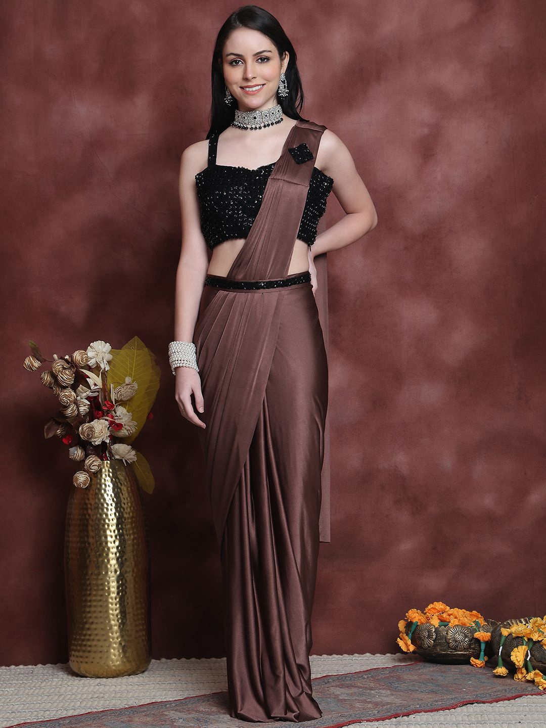 

Grancy Ready to Wear Saree, Coffee brown