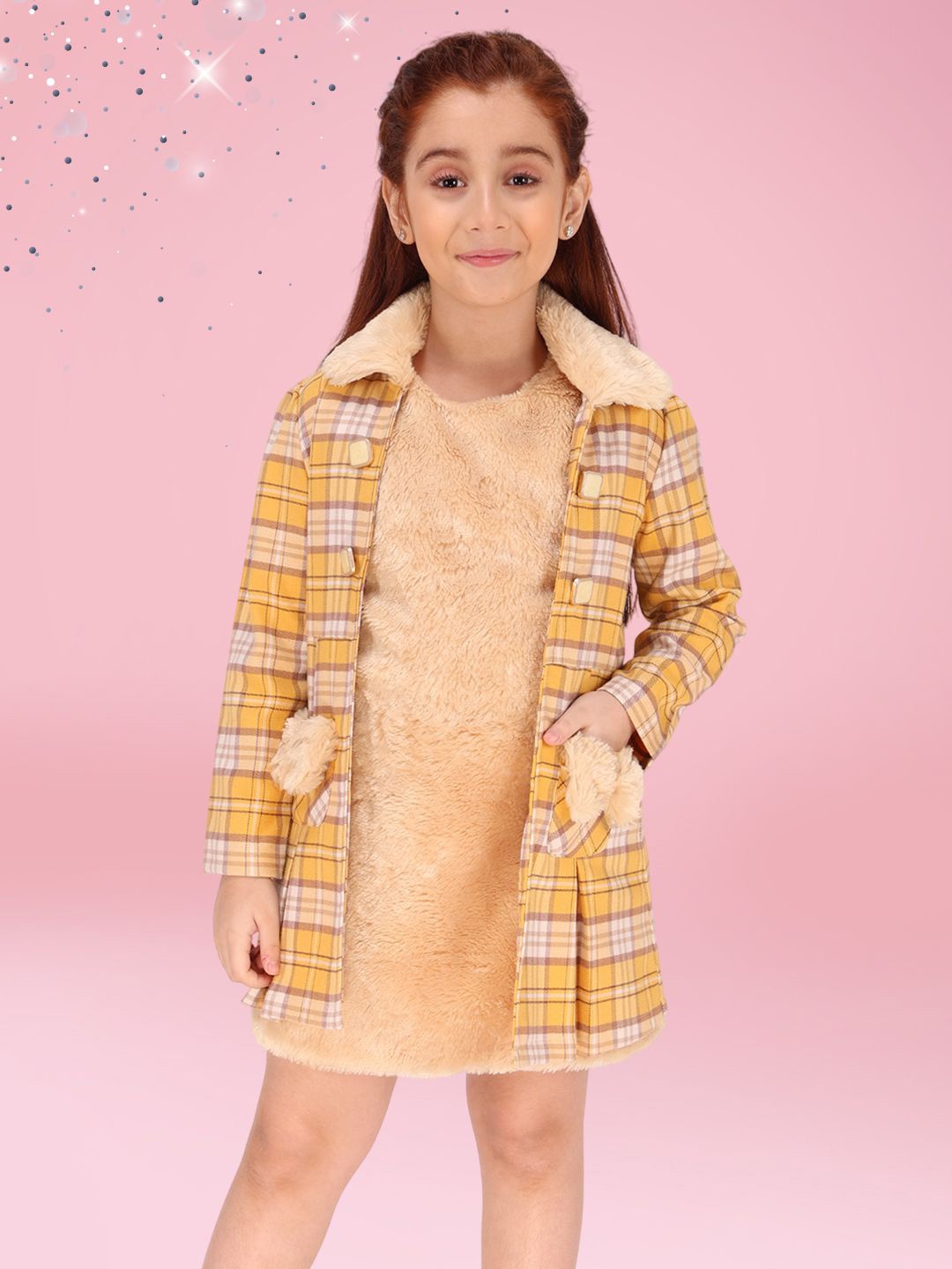 

CUTECUMBER Girls Woollen Shift Dress With Jacket, Yellow