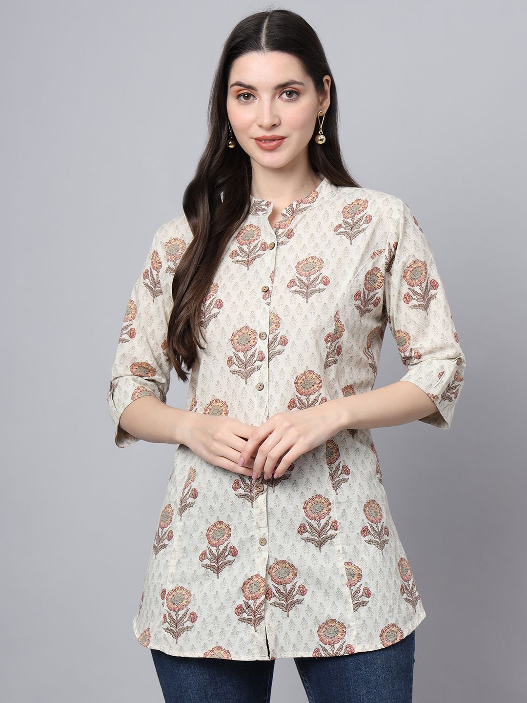 

BAESD Women Floral Printed Mandarin Collar Kurti, Off white