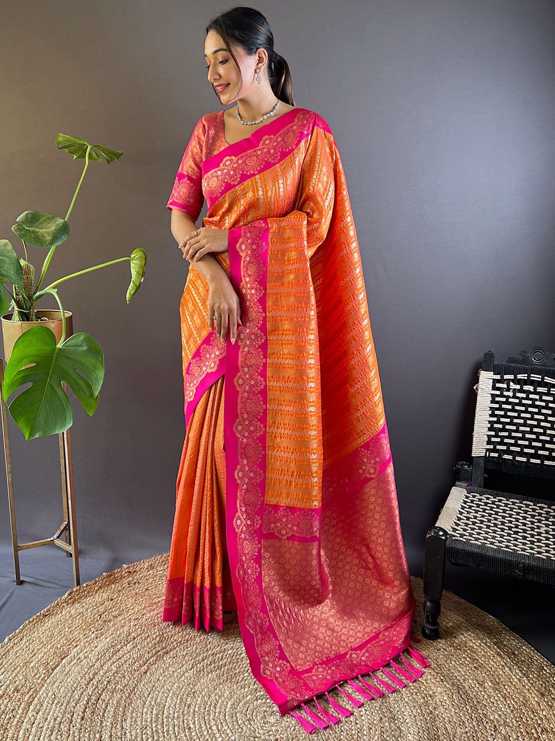 

Mitera Woven Design Zari Silk Blend Designer Banarasi Saree, Orange