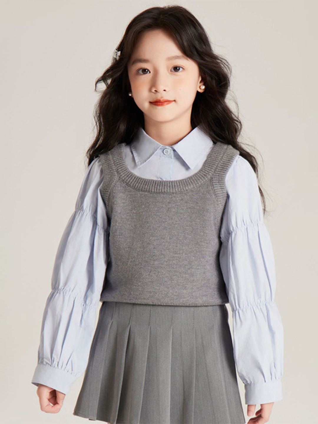 

LULU & SKY Girls Shirt Collar Bishop Sleeves Cotton Top, Blue