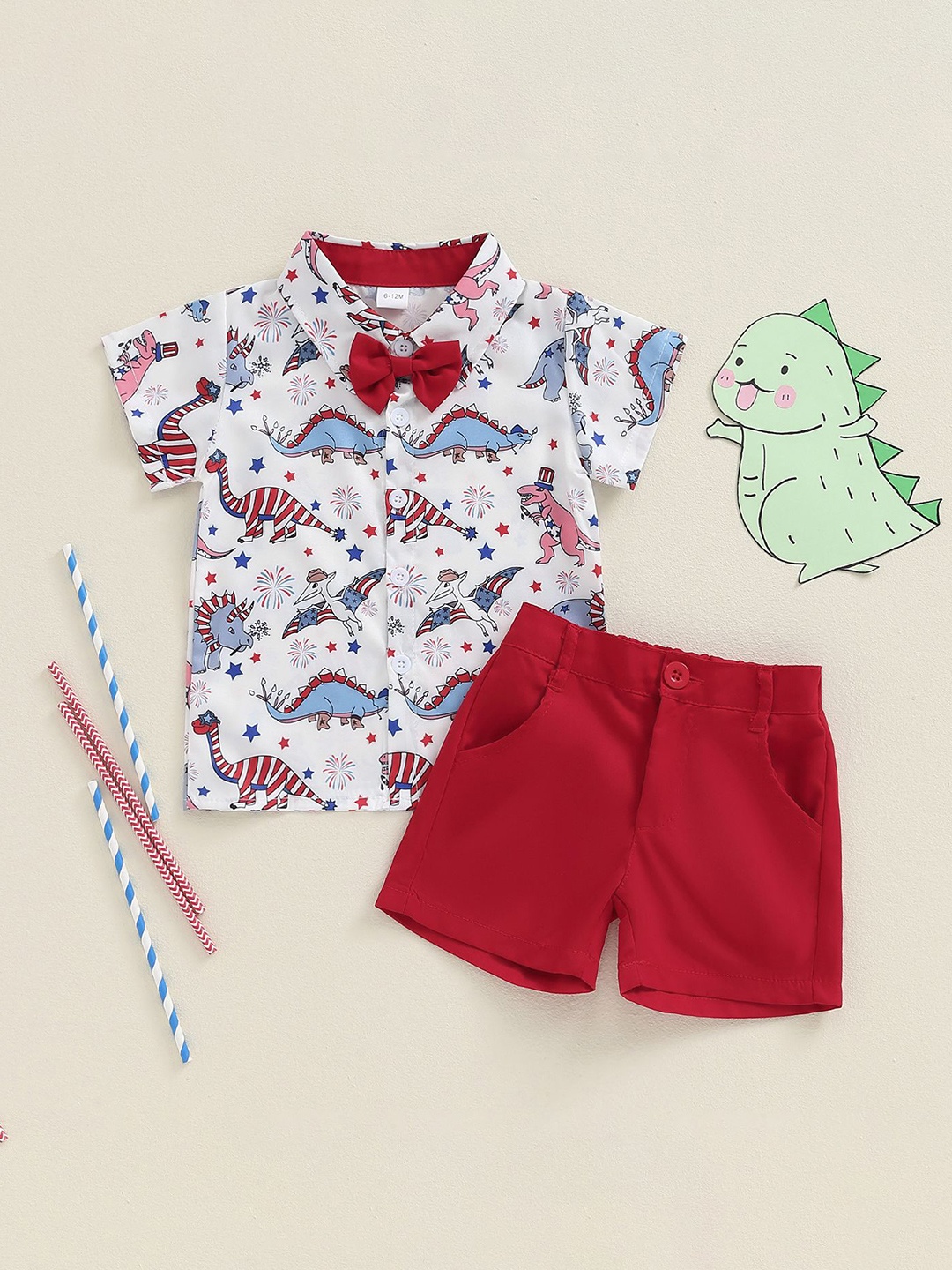 

LULU & SKY Boys Printed Shirt Collar Pure Cotton Shirt With Shorts, Red