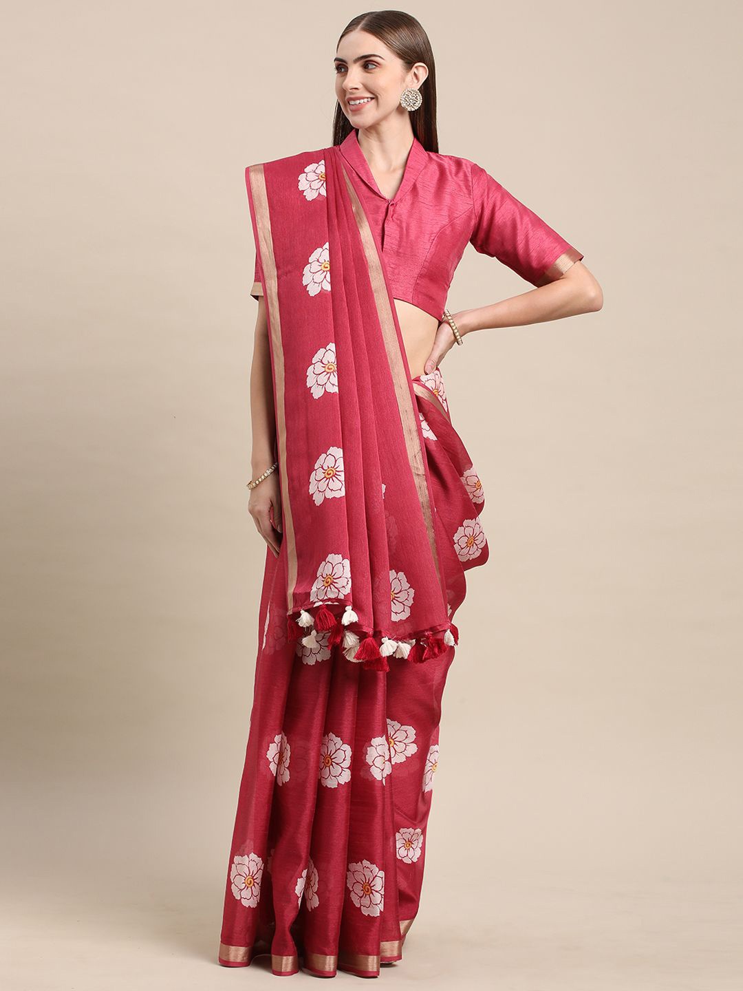 

BAPS Floral Printed Saree With Tassels, Maroon