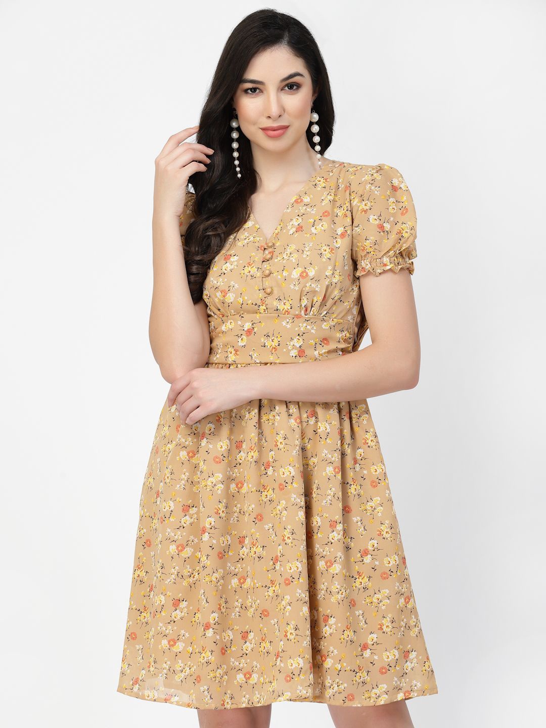 

DELIS Floral Printed Puff Sleeve Georgette Empire Dress, Beige