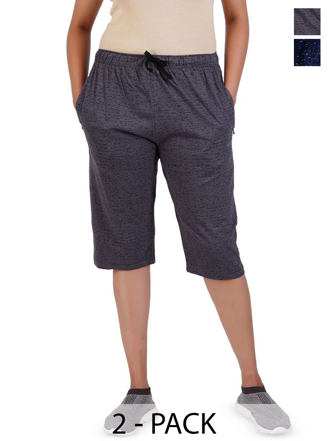 

GUIDE Women Pack Of 2 Mid-Rise Printed Cotton Capris, Navy blue