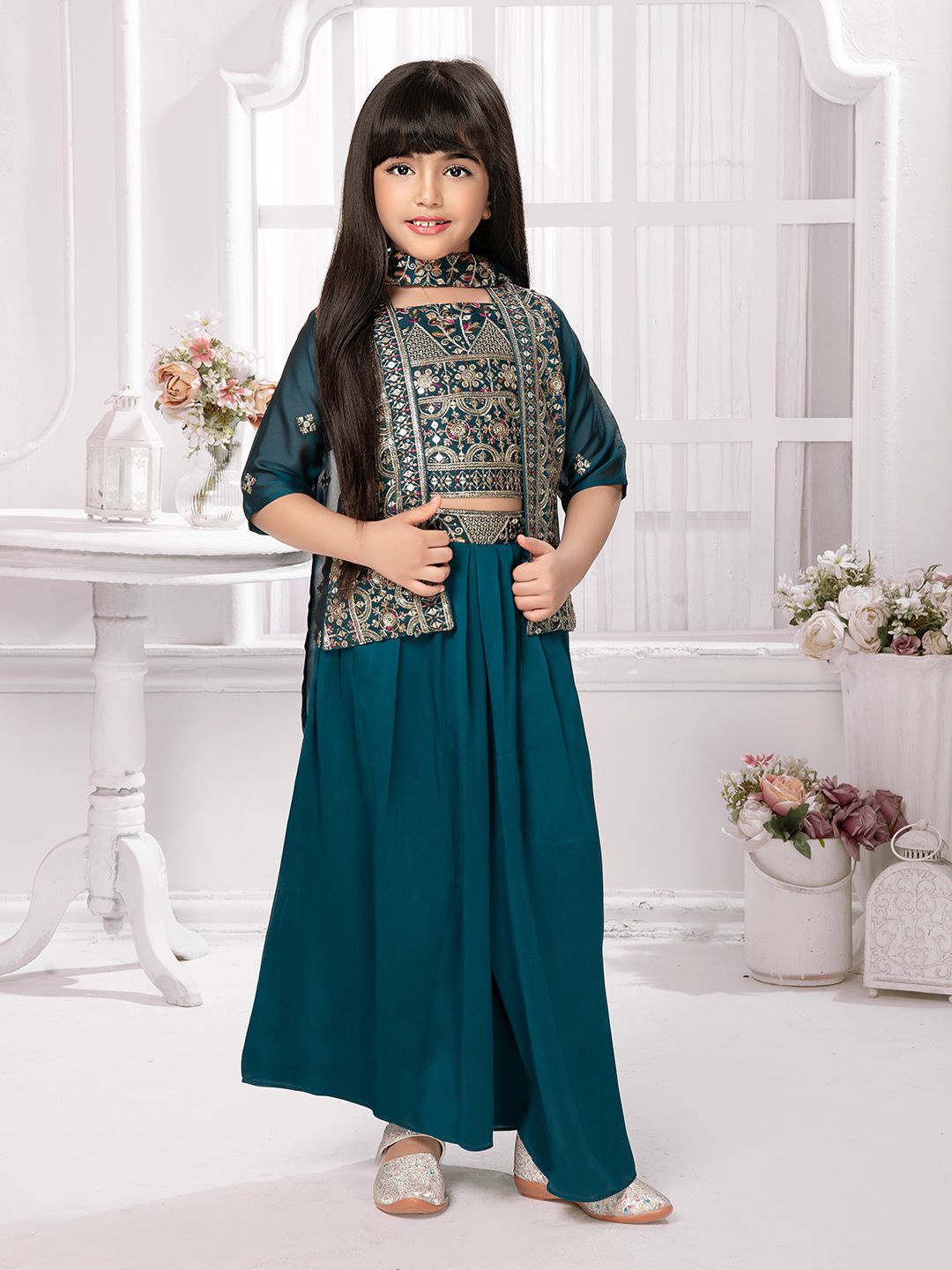 

Tiny Kingdom Girls Embroidered Top With Palazzos And Jacket, Teal