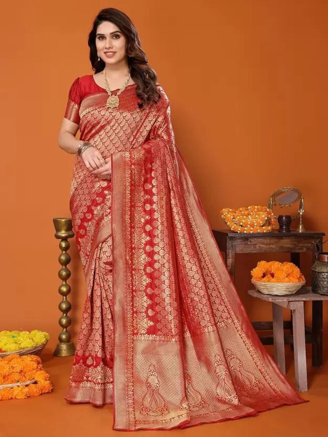 

Florence Woven Design Zari Pure Silk Saree, Red