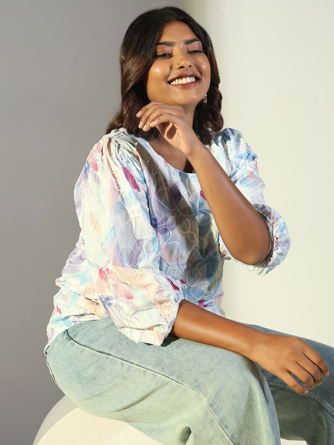 

SHOWOFF Women Floral Printed Puff Sleeve Crepe Top, Blue