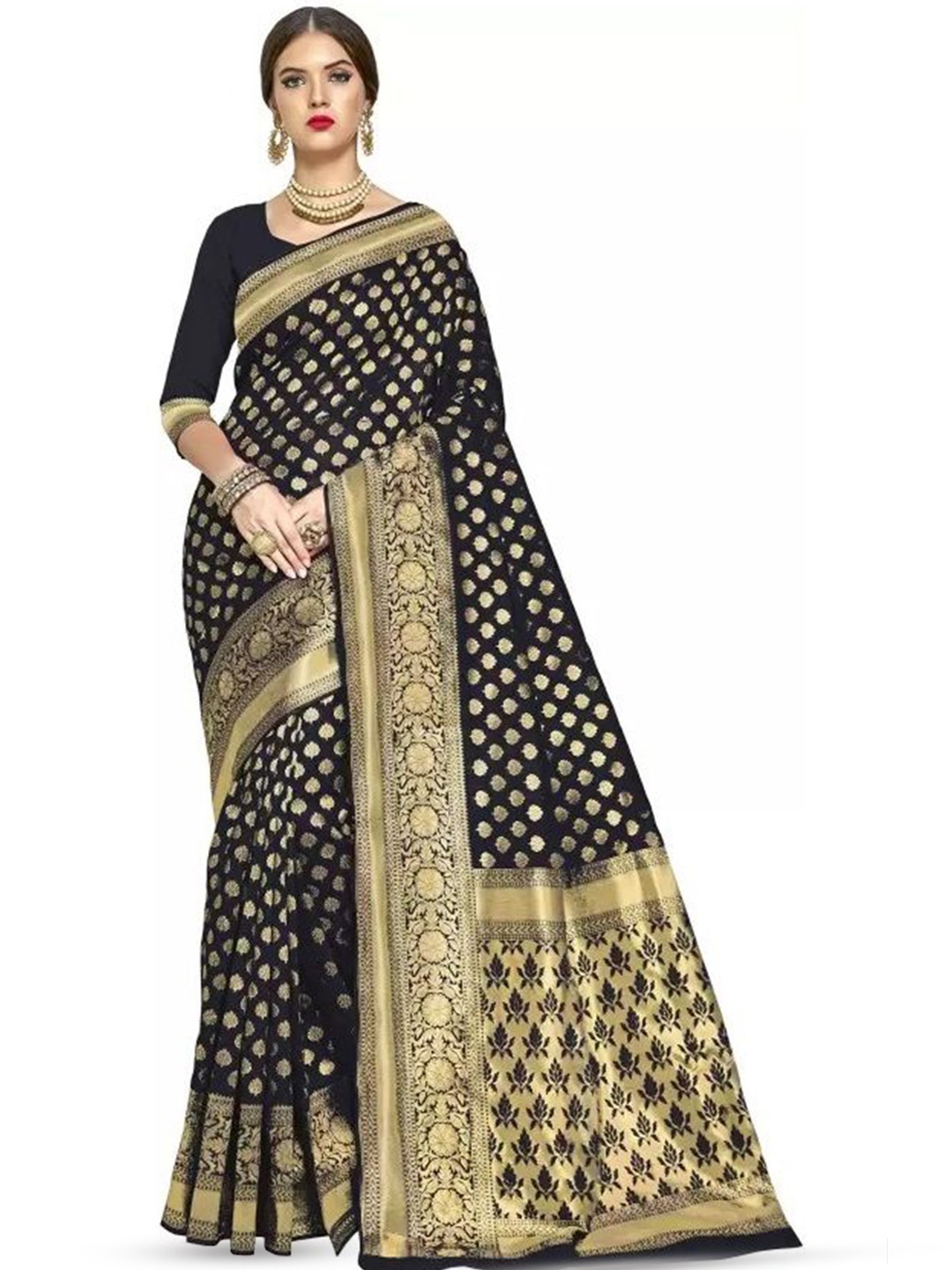 

Florence Woven Design Pure Silk Fusion Saree, Black