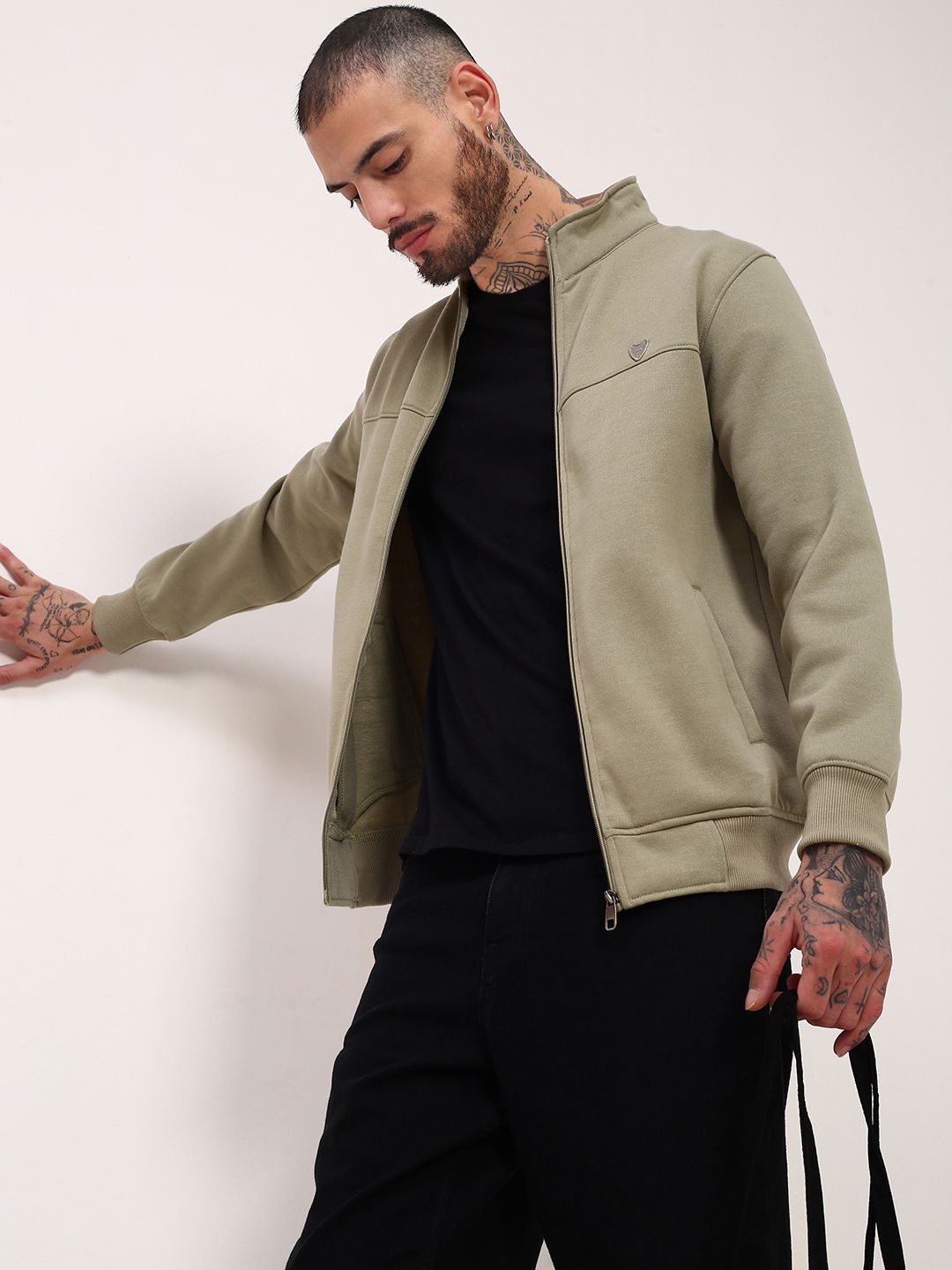 

SHOWOFF Men Mock Collar Front-Open Sweatshirt, Green