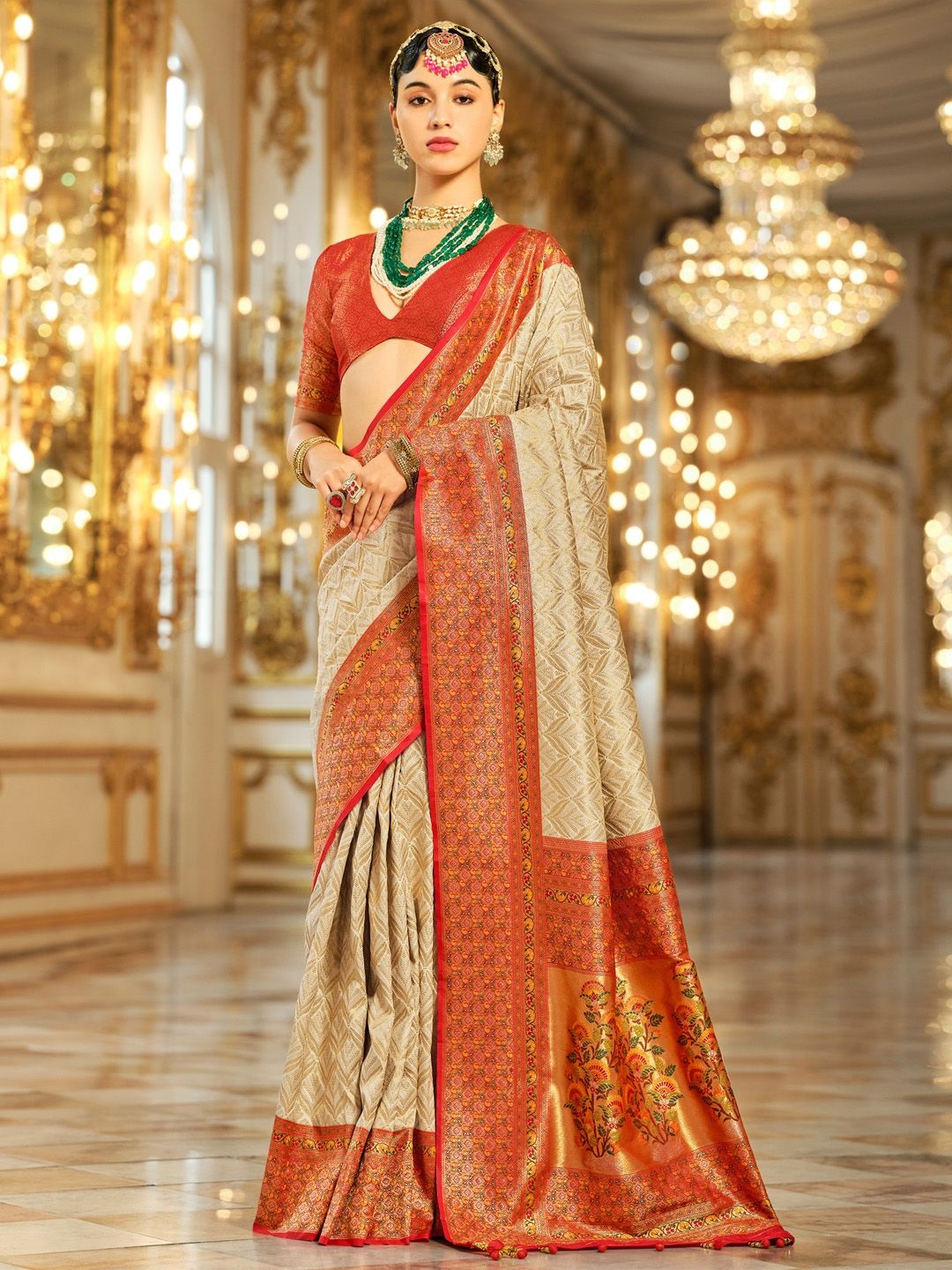 

Anouk Ethnic Motifs Woven Design Zari Kanjeevaram Saree, Cream