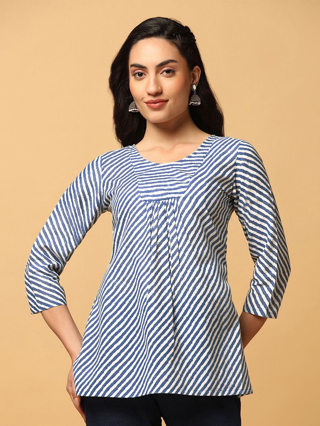 

Moda Rapido Women Striped Cotton A-Line Top, Blue