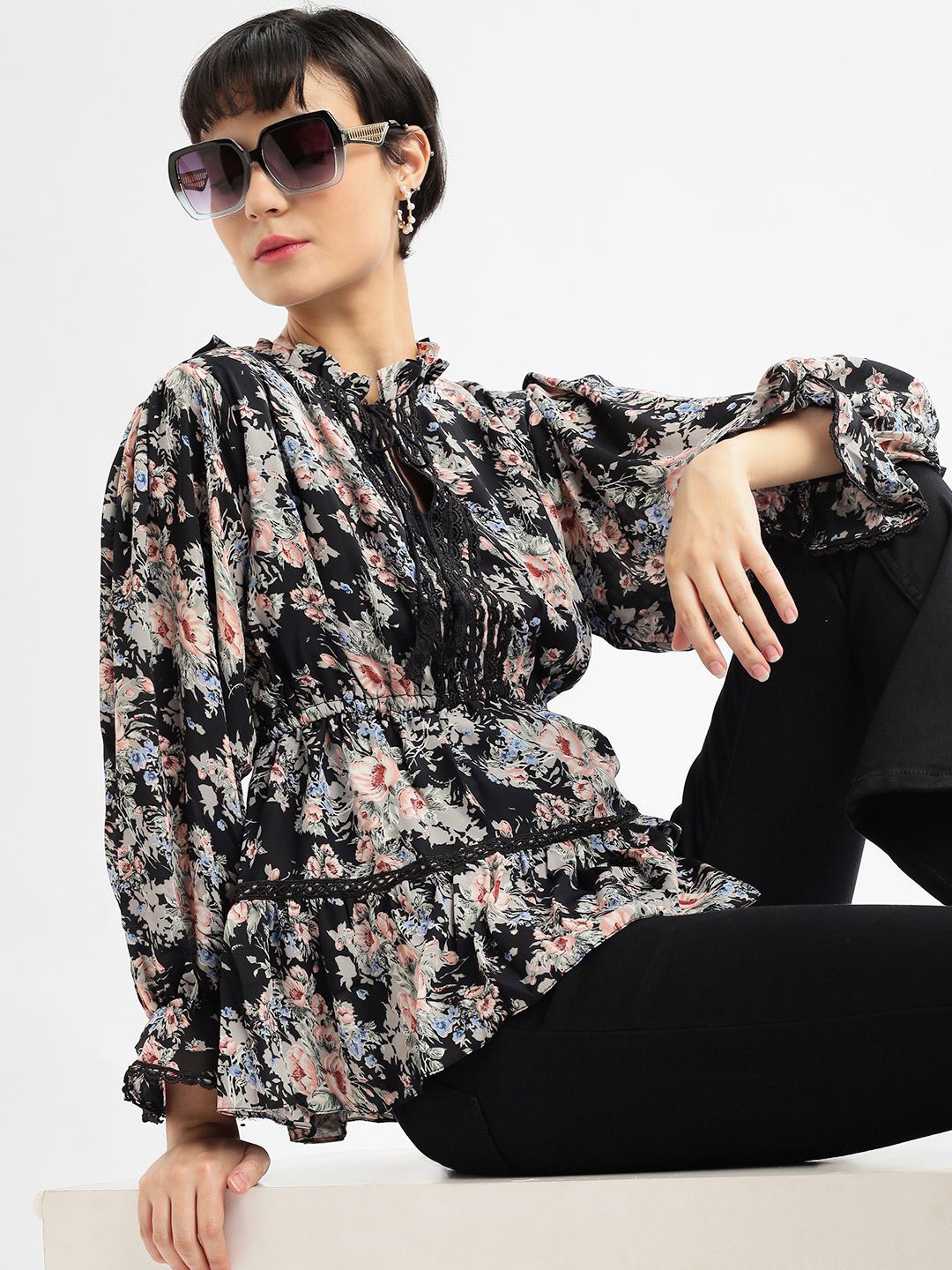 

SHOWOFF Women Floral Printed Tie-Up Neck Puff Sleeve Crepe Peplum Top, Black