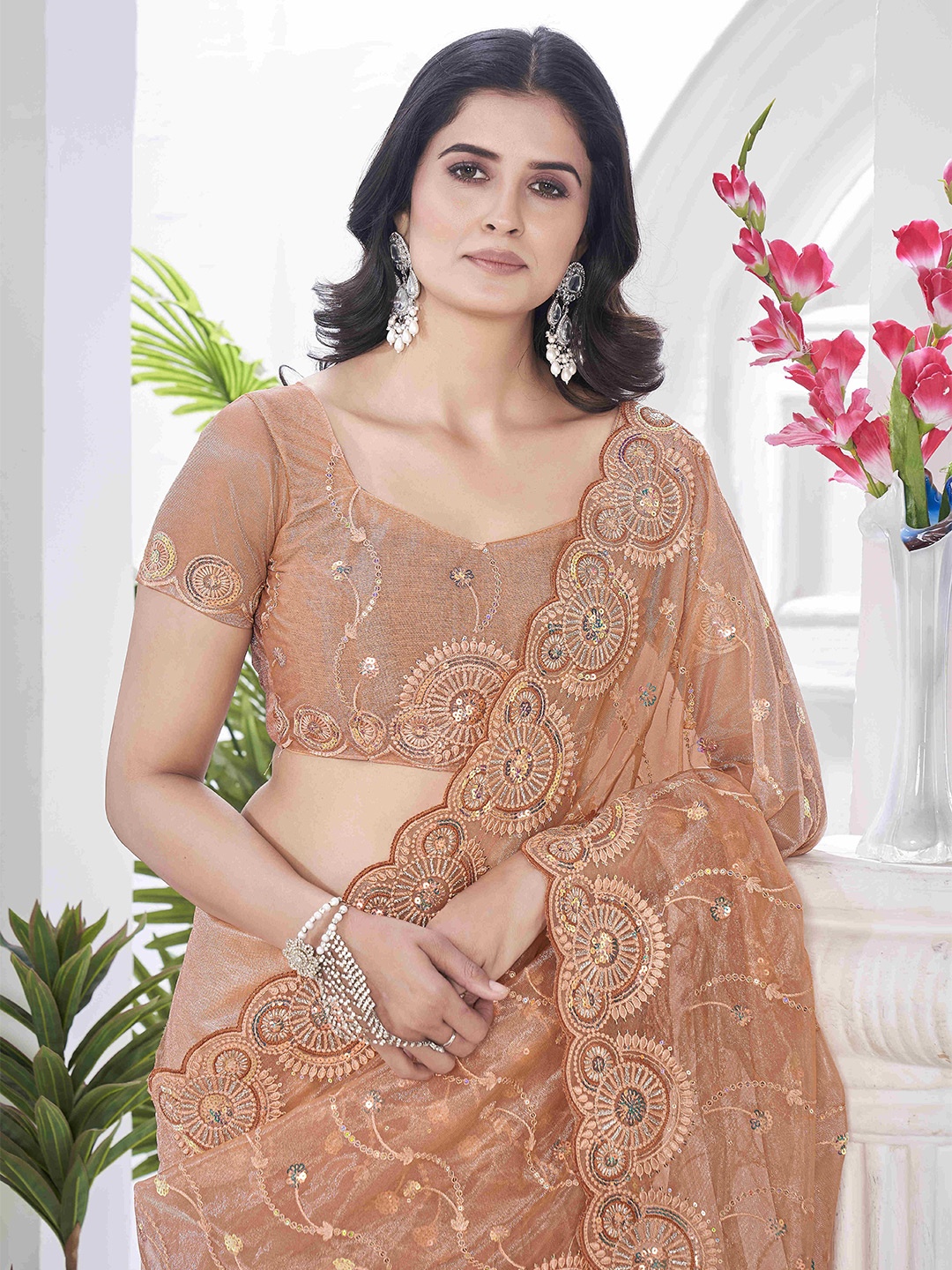 

Munir Embroidered Sequinned Tissue Saree, Brown