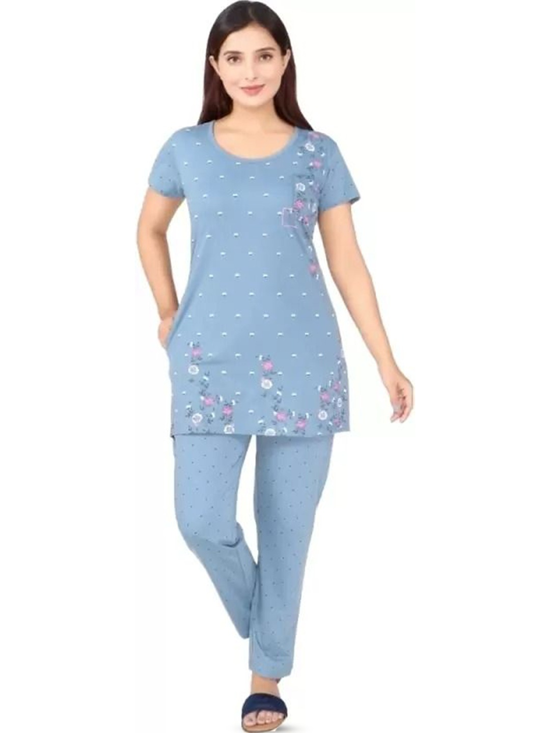 

CLINT Floral Printed Round Neck T-Shirt With Pyjama, Blue