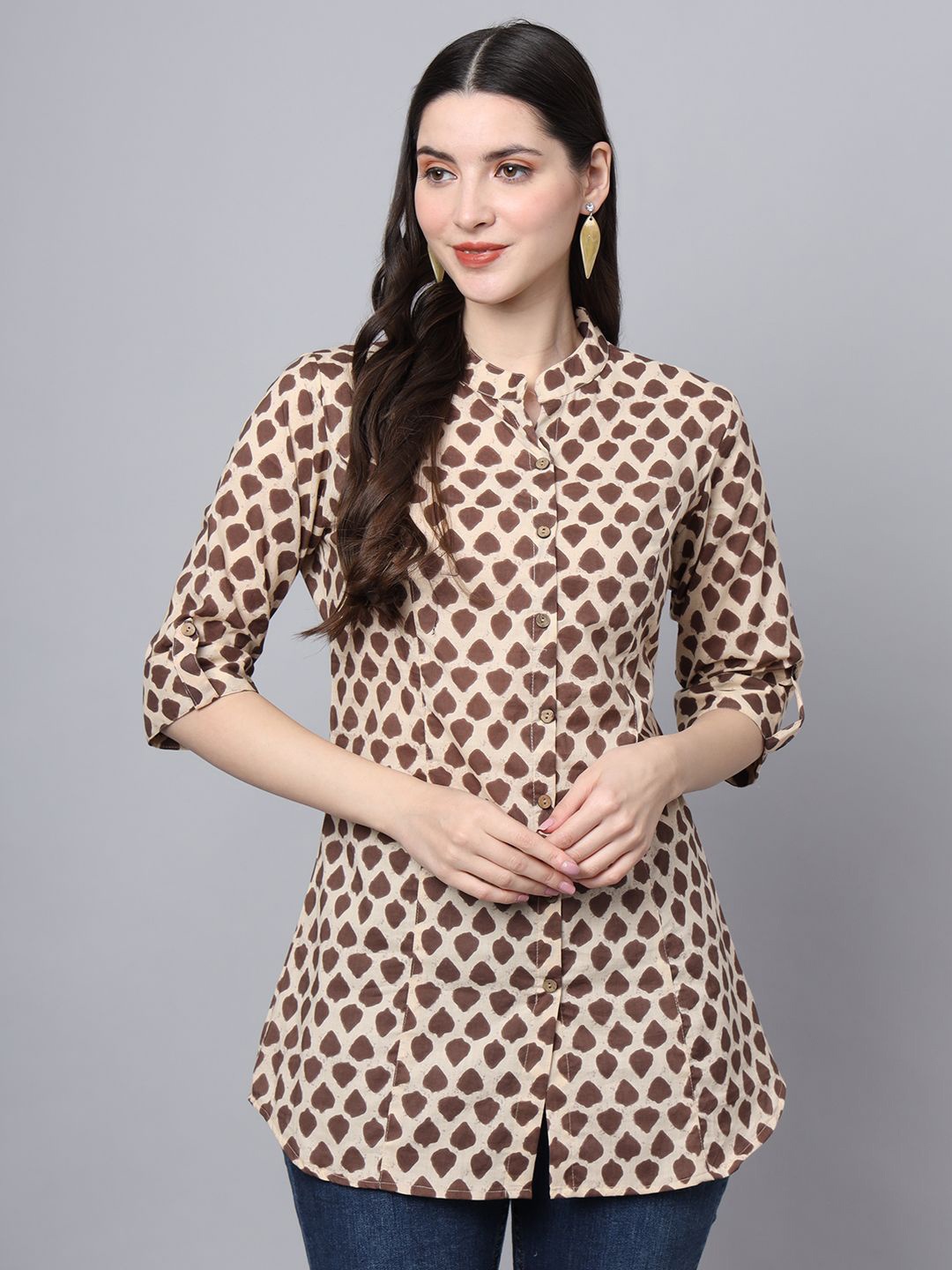 

BAESD Women Floral Printed Mandarin Collar Roll-Up Sleeves Ethnic Cotton Top, Brown