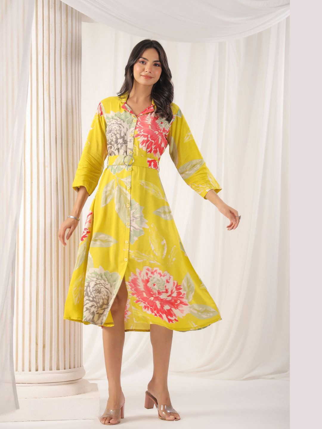 

Kaftanize Women Floral Printed A-Line Midi Dress with a Belt, Yellow