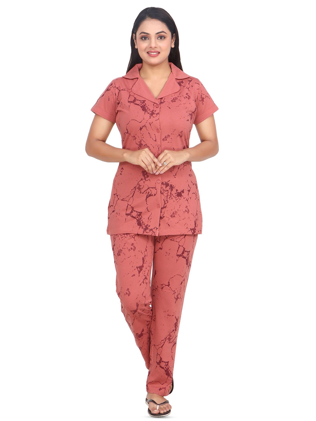 

CLINT Abstract Printed Notched Lapel Collar Shirt With Pyjama, Pink