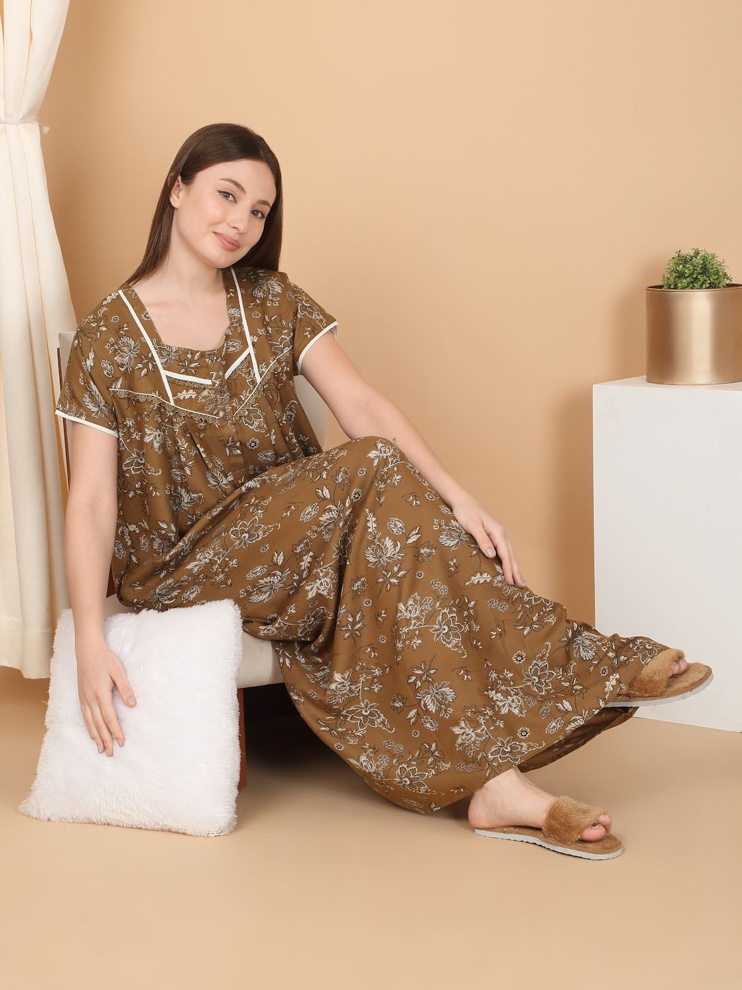 

SAANJ Women Printed Pure Cotton Maxi Nightdress, Khaki