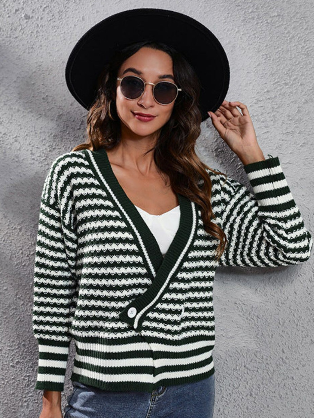 

Oh Rare Women Striped V-Neck Long-Sleeved Cardigan, Green
