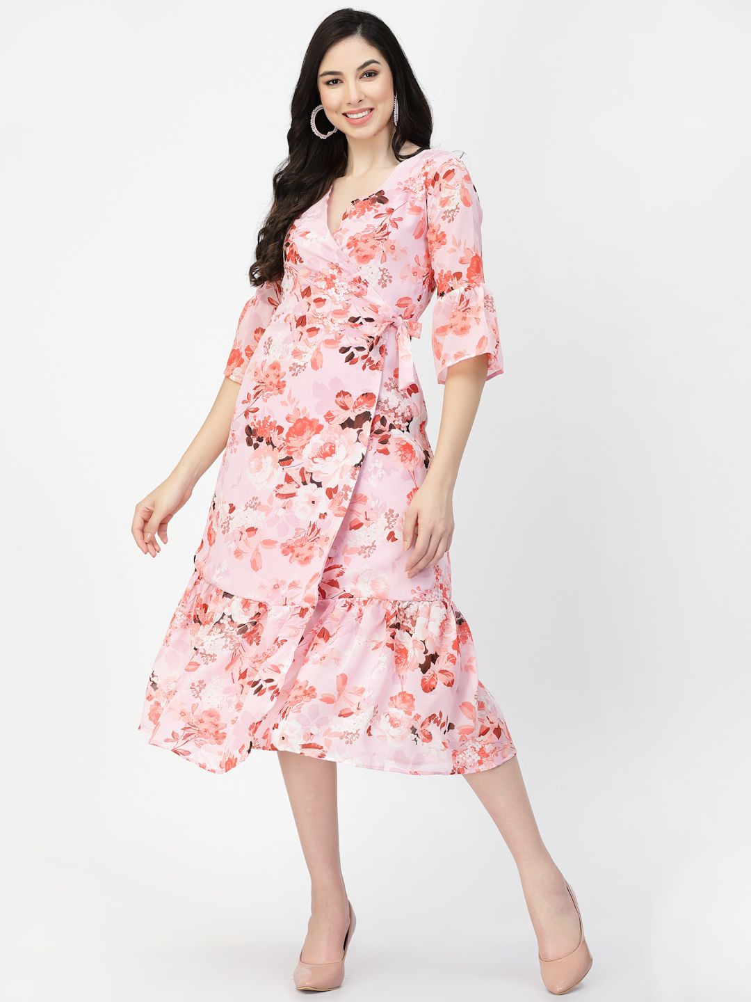 

DELIS Floral Printed Georgette Wrap Midi Dress, Pink