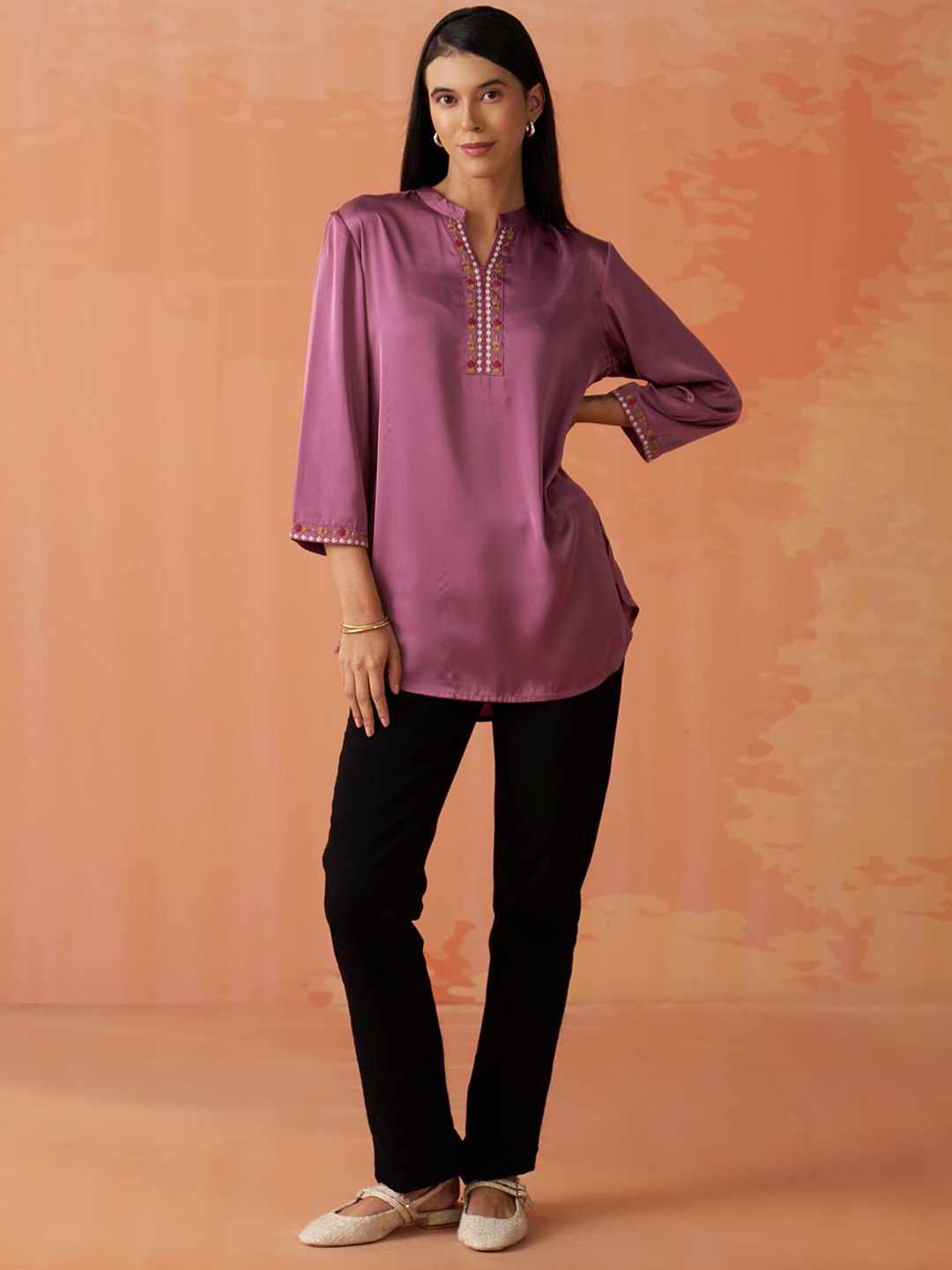 

Lakshita Women Embroidered Mandarin Collar Longline Top, Pink